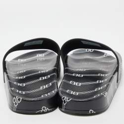 Pre Owned Balenciaga Black/White Rubber All Over Logo Pool Slides Size 44