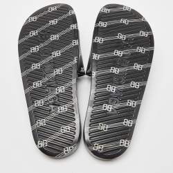 Pre Owned Balenciaga Black/White Rubber All Over Logo Pool Slides Size 44