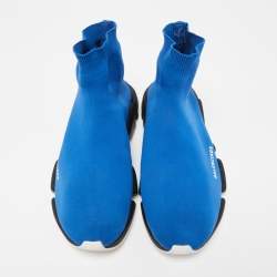 Pre Owned Balenciaga Blue Knit Fabric Speed Trainer High Top Sneakers Size 43