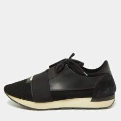 Pre Owned Balenciaga Black Leather and Mesh Race Runner Sneakers Size 44