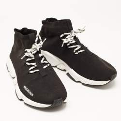 Balenciaga Black Knit Fabric Speed Lace Up Sneakers Size 45