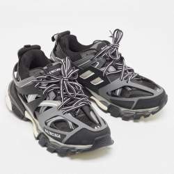 Pre Owned Balenciaga Grey/Black Leather and Mesh Low Top Sneakers Size 41