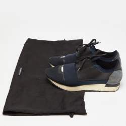 Balenciaga Black/Navy Blue Leather and Mesh Race Runner Sneakers Size 39