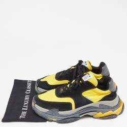 Pre Owned Balenciaga Black/Yellow Suede and Nylon Triple S Sneakers Size 44