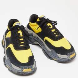 Pre Owned Balenciaga Black/Yellow Suede and Nylon Triple S Sneakers Size 44