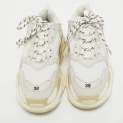 Pre Owned Balenciaga White/Grey Leather and Mesh Triple S Sneakers Size 38
