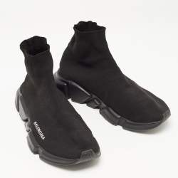 Pre Owned Balenciaga Black Knit Fabric Speed Trainer High Top Sneakers Size 43