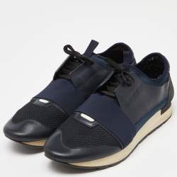 Pre Owned Balenciaga Blue Leather, Mesh and Neoprene Race Runner Sneakers Size 45