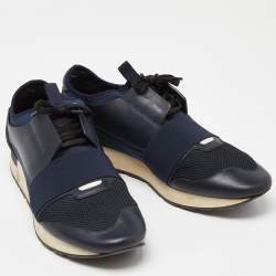 Pre Owned Balenciaga Blue Leather, Mesh and Neoprene Race Runner Sneakers Size 45