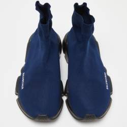 Pre Owned Balenciaga Blue Knit Fabric Speed Trainers High Top Sneakers Size 44