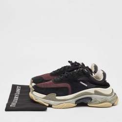 Balenciaga Black/Burgundy Suede Leather And Fabric Triple S Low Top Sneakers Size 44 