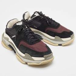 Balenciaga Black/Burgundy Suede Leather And Fabric Triple S Low Top Sneakers Size 44 
