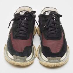 Balenciaga Black/Burgundy Suede Leather And Fabric Triple S Low Top Sneakers Size 44 