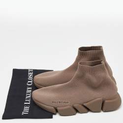 Pre Owned Balenciaga Brown Knit Fabric Speed Trainer High Top Sneakers Size 39
