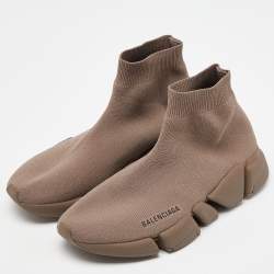 Pre Owned Balenciaga Brown Knit Fabric Speed Trainer High Top Sneakers Size 39