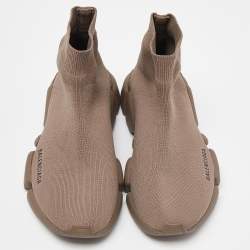 Pre Owned Balenciaga Brown Knit Fabric Speed Trainer High Top Sneakers Size 39