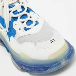 Balenciaga White/Blue Leather and Mesh Triple S Clear Sole Sneakers Size 41