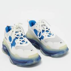 Balenciaga White/Blue Leather and Mesh Triple S Clear Sole Sneakers Size 41