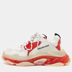 Balenciaga White/Red Leather and Mesh Triple S Clear Sole Sneakers Size 41