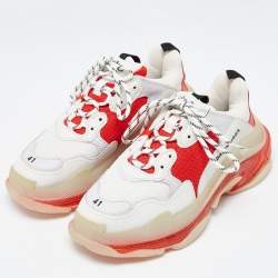 Balenciaga White/Red Leather and Mesh Triple S Clear Sole Sneakers Size 41