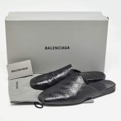 Balenciaga Black Logo Print Leather Slip On Mules Size 40