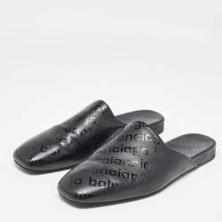 Balenciaga Black Logo Print Leather Slip On Mules Size 40