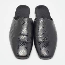 Balenciaga Black Logo Print Leather Slip On Mules Size 40