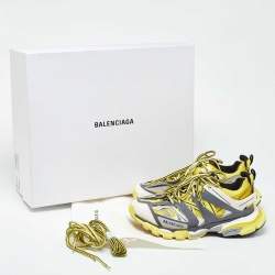 Pre Owned Balenciaga Yellow/Grey Faux Leather and Mesh Track Low Top Sneakers Size 41