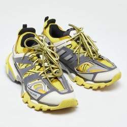 Pre Owned Balenciaga Yellow/Grey Faux Leather and Mesh Track Low Top Sneakers Size 41