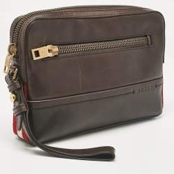 Bally Dark Brown Leather Stripe Wristlet Pouch