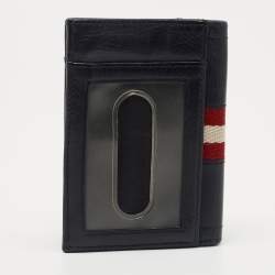 Bally Navy Blue Leather and Canvas Web Bifold Card Case