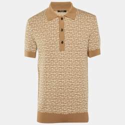 مملوكة مسبقًا Balmain Beige Monogram Wool & Linen Knit Polo T-Shirt M