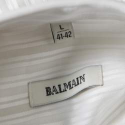 Pre Owned Balmain Off White Striped Cotton Long Sleeve Button Front Two Ply Shirt L
