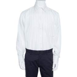 Pre Owned Balmain Off White Striped Cotton Long Sleeve Button Front Two Ply Shirt L