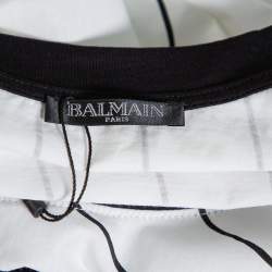 Pre Owned Balmain White Striped Cotton Velvet Logo Detail Crewneck T-Shirt XXL
