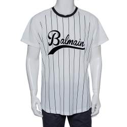 Pre Owned Balmain White Striped Cotton Velvet Logo Detail Crewneck T-Shirt XXL