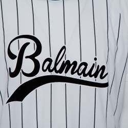 Pre Owned Balmain White Striped Cotton Velvet Logo Detail Crewneck T-Shirt XXL