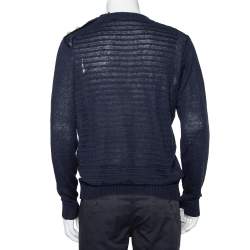 Balmain Navy Blue Linen Knit Shoulder Button Detail Distressed Sweater L