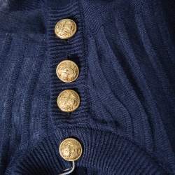 Balmain Navy Blue Linen Knit Shoulder Button Detail Distressed Sweater L