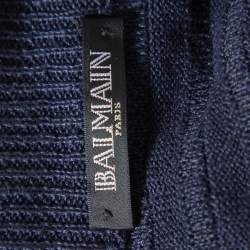 Balmain Navy Blue Linen Knit Shoulder Button Detail Distressed Sweater L