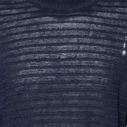 Balmain Navy Blue Linen Knit Shoulder Button Detail Distressed Sweater L