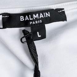 Pre Owned Balmain White Logo Embroidered Cotton Crew Neck T-Shirt L