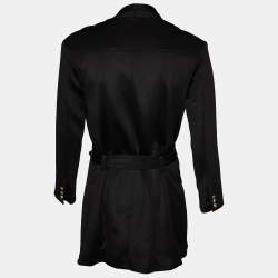 Pre Owned Balmain Black Jersey Belted Double Breasted Long Jacket M