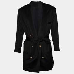 Pre Owned Balmain Black Jersey Belted Double Breasted Long Jacket M