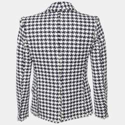 Pre Owned Balmain Monochrome Houndstooth Tweed Fringe Detail Blazer S