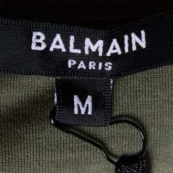 Pre Owned Balmain Khaki Green Cotton Jersey Logo Embroidered Crew Neck T-Shirt M