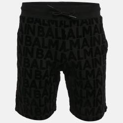 Pre Owned Balmain Black Logo Flock Print Cotton Knit Shorts M