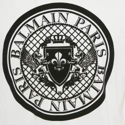 Pre Owned Balmain White Logo Flock Print Cotton Crew Neck T-Shirt L