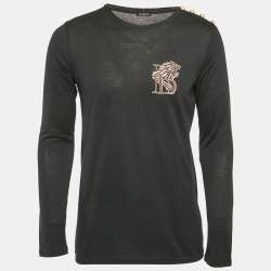 Balmain Navy Blue Embroidered Jersey Long Sleeve T-Shirt M
