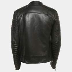 Pre Owned Balmain Black Leather Open Front Biker Jacket XXL